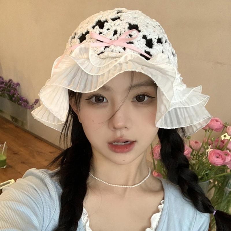 Summer Spring Crochet Bucket Hat Woman Commutes Camping Taking Photo Fisherman Hat with Pleated Trim for Girlfriend