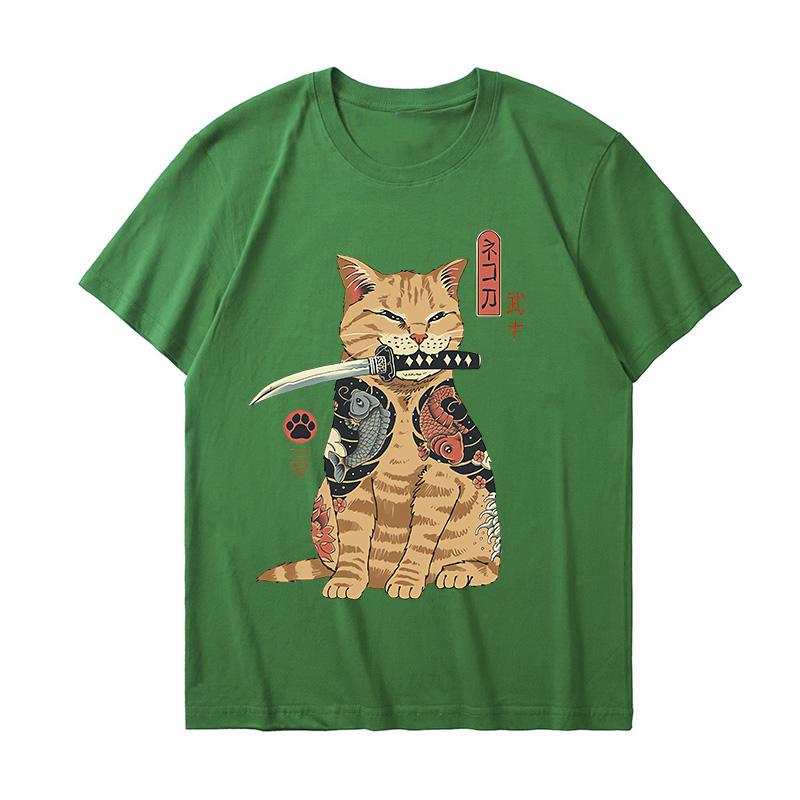 Funny Cotton Japanese Samurai Cat T Shirt Lover T Shirts Cat T-Shirts Retro Casual Short Sleeve Tshirt Unisex Women Clothes