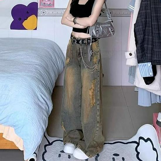 

Spicy Girl 2025 Blue Ripped Wide-Leg Jeans: Women s Summer Street Style Floor-Length Trousers S синій