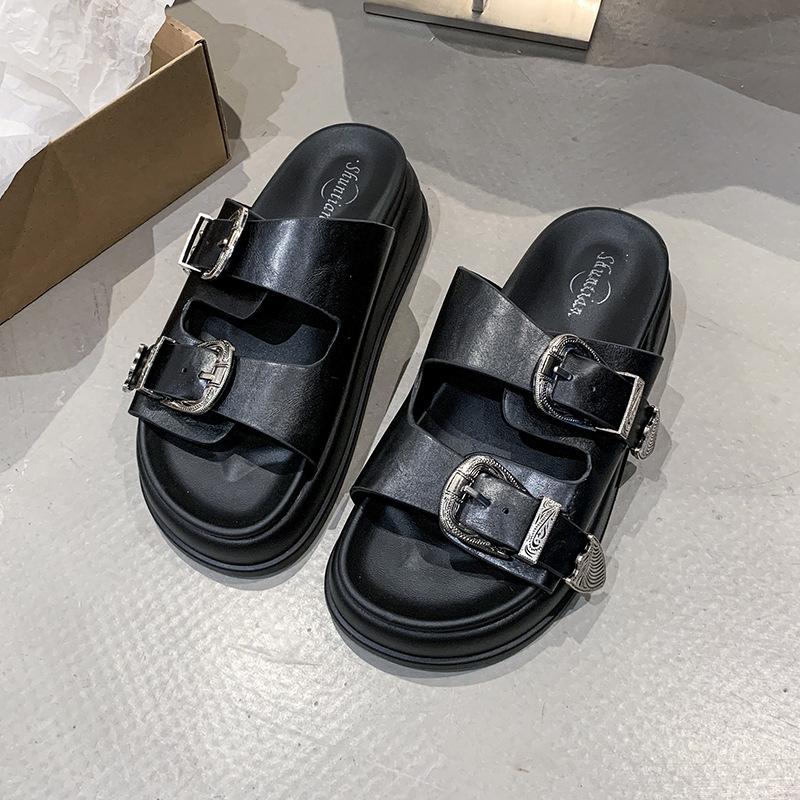 2025 summer slippers women's fashion and leisure flat-bottomed beach one-word sandals buckle platform slippers women's shoes