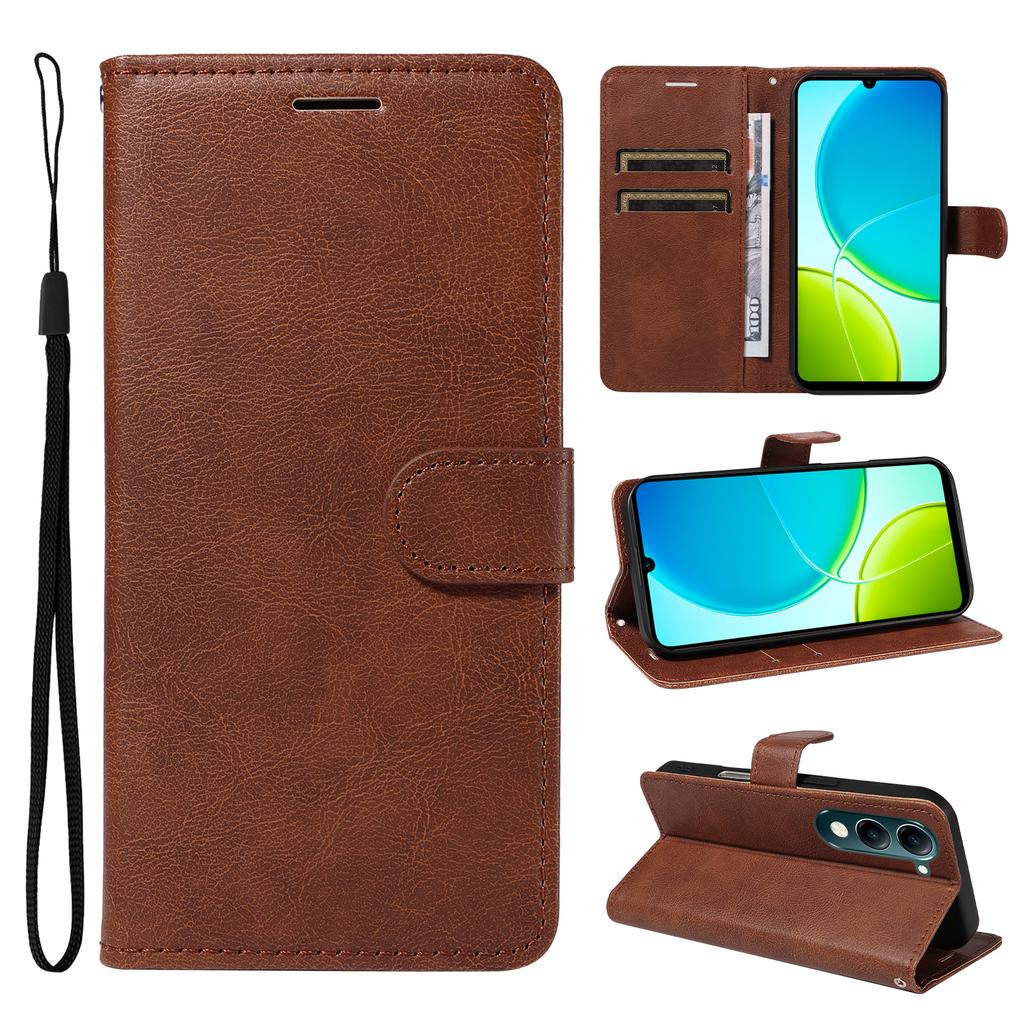 For Vivo Y04 4G/vivo Y29s 5G Leather Wallet Case with Strap Solid Color Phone Stand Cover