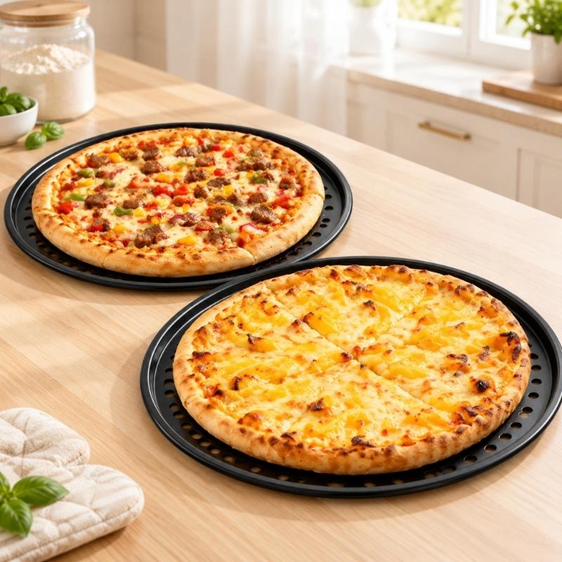 Carbon Steel Pizza Baking Pan Set of 2, Round Perforated Trays with Nonstick Finish for Pizza, Savory Pastry, Fruit Pastry and Oven Vegetables