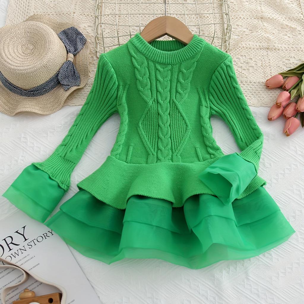 Girls' Fashion Long-Sleeved Shirt Collar Patchwork Tiered Skirt Colour Dress