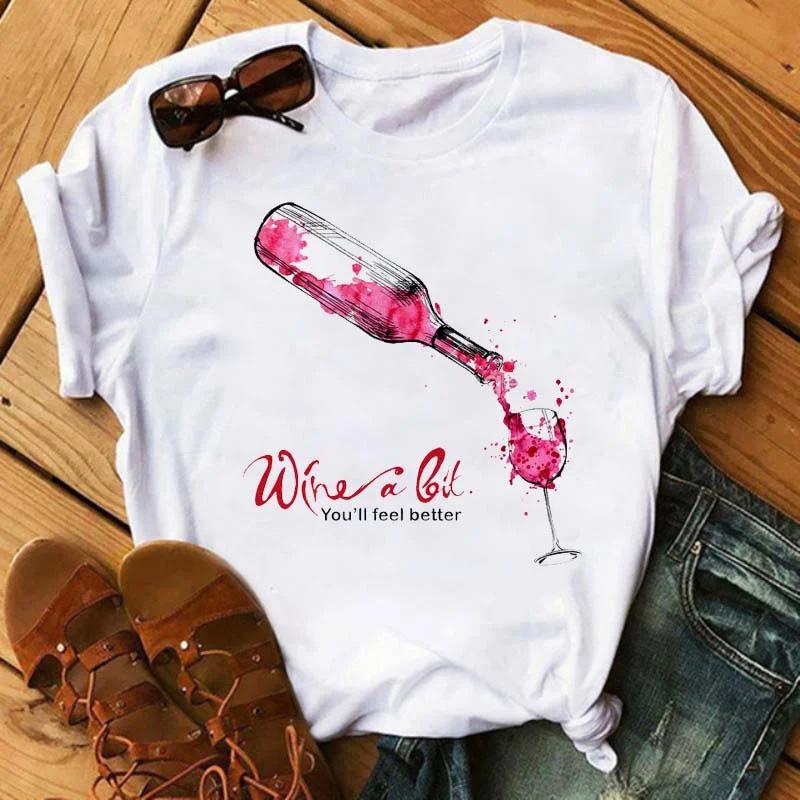 Wine Glasses Printed Tshirts Women Summer Short-sleeve Wine Glass Funny Casual T Shirts Female Black Tops Woman Clothing