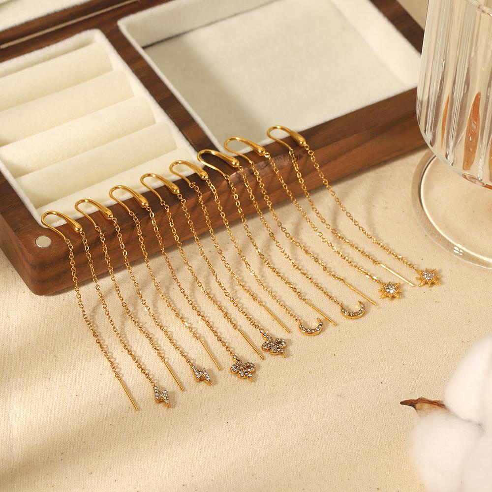 18k Gold Plated Chain Earring Dainty Star Moon Strip Drop Dangle Stainless Steel Long Threader Earring For Women