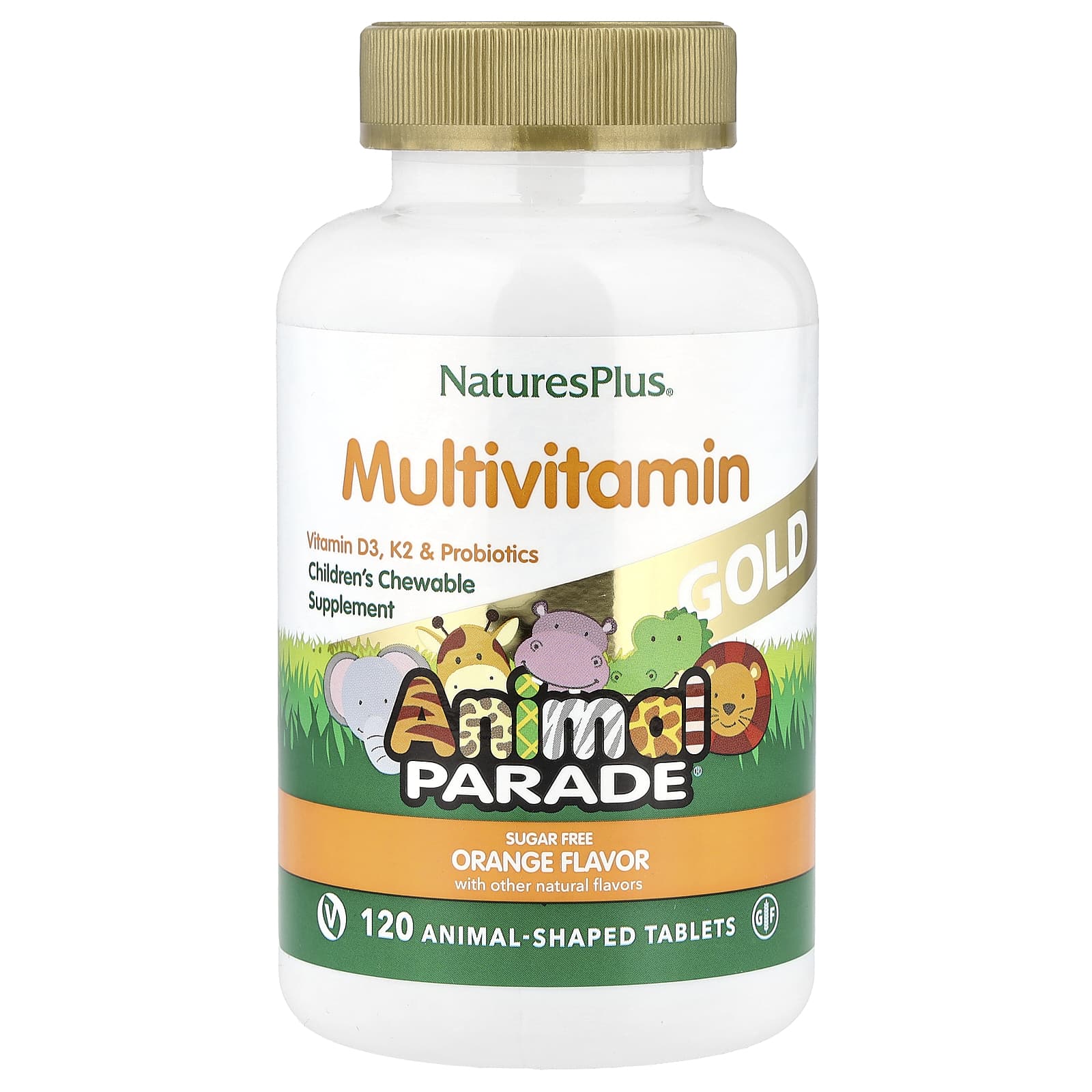 

NaturesPlus, Animal Parade Gold, Children s Multivitamin, Orange, Sugar Free, 120 Animal-Shaped Tablets