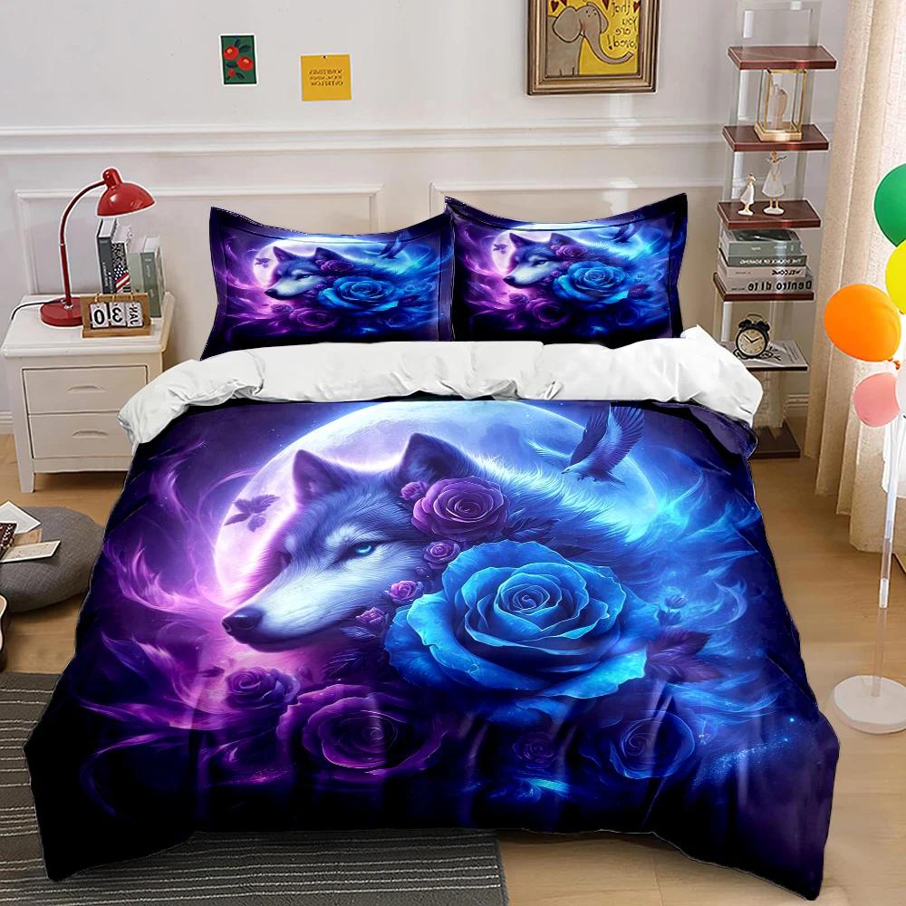 New Arrival! Wolf and Rose Print Bedding Set for Wolf Totem Lovers 1 Quilt Cover 2 Pillowcases Adult and Kids Bedding Set Gifts
