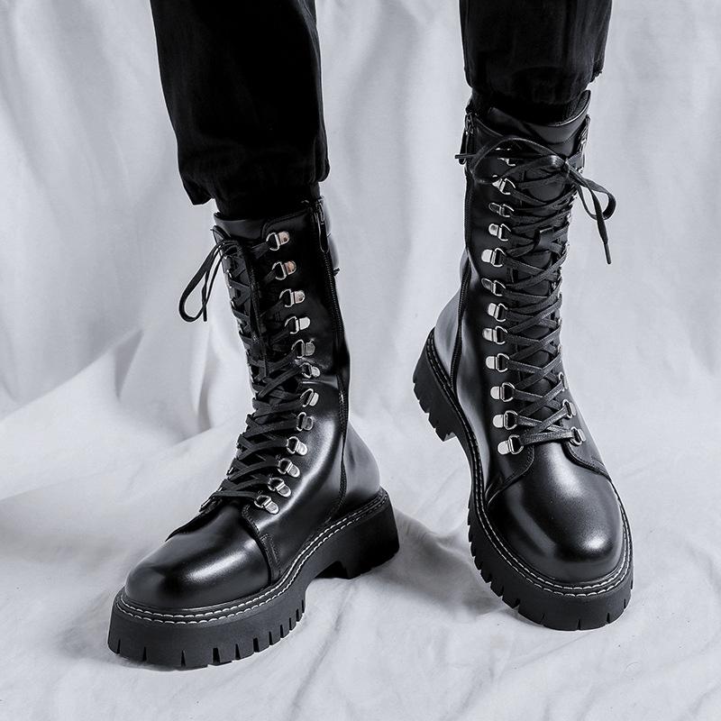 Men Luxury Fashion Motorcycle Boots Black Original Leather Shoes Lace-up High Top Knight Boot Cowboy Platform Long Botas Hombre