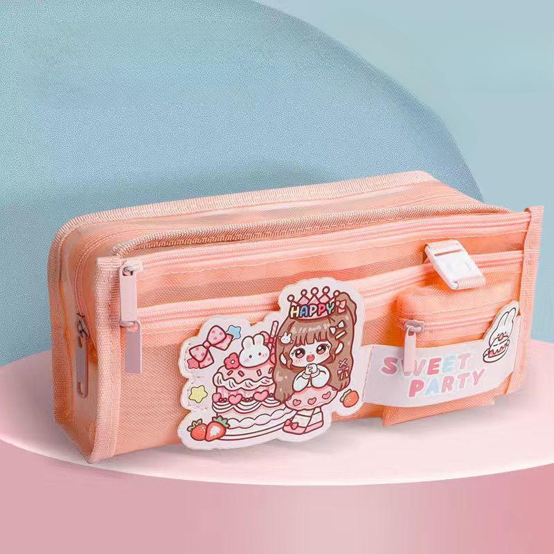 

Сетчатая сумка для ручек с сердечками для девочек, высокоэстетичная сумка для канцелярских принадлежностей для учащихся начальной школы, коробка для хранения канцелярских принадлежностей большой емкости с несколькими слоями