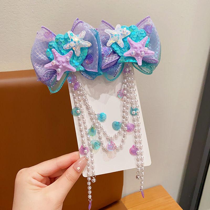 1/2PCS. Girls' Mermaid Hair Accessories: Dreamy Forehead Chains, Princess Tassel Clips & Shell Ear Cuffs,  Adorable  Ornaments