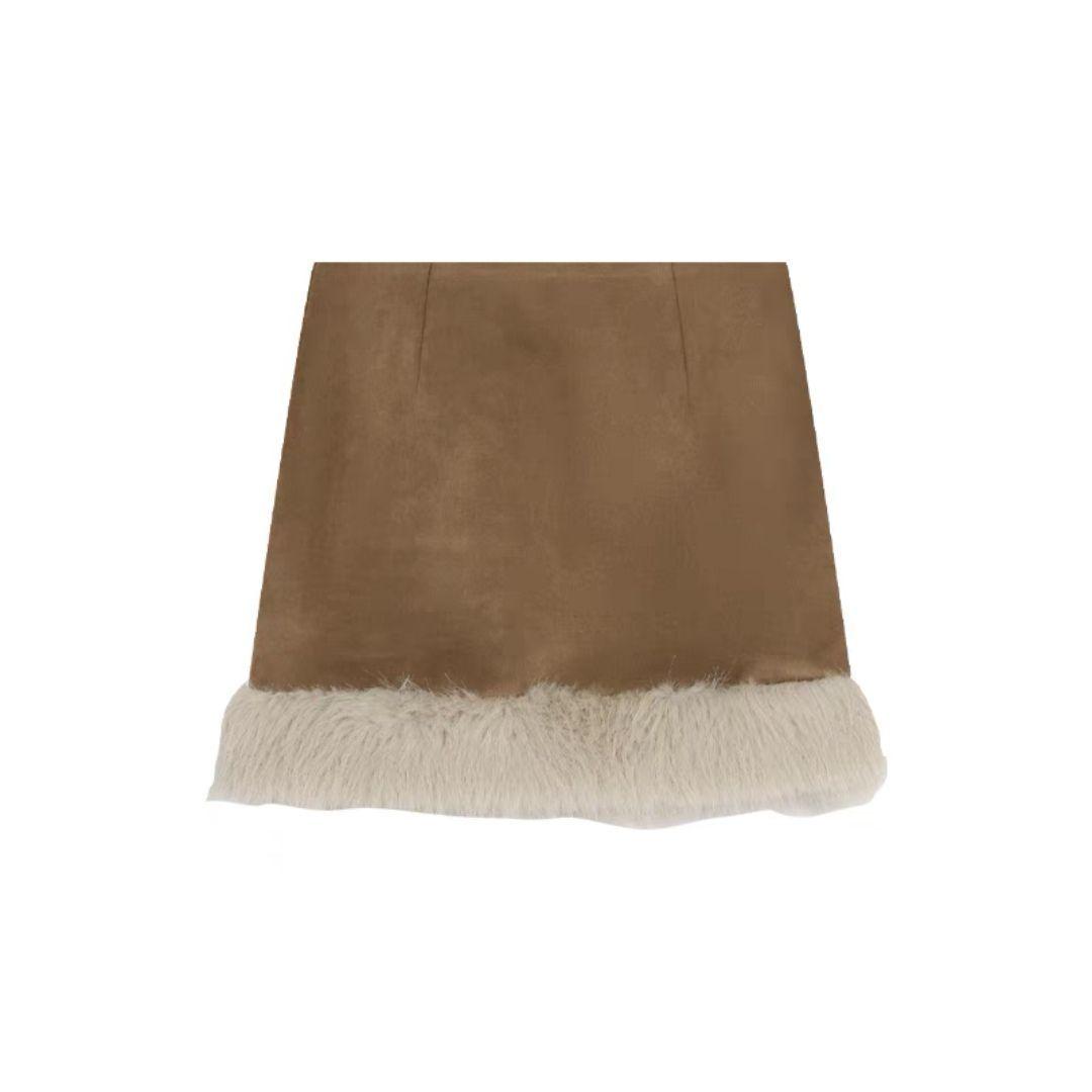 Women s Two-Piece Coffee Suede Cotton Coat & Midi Skirt Set with Plush Collar S 37.5-45 kg