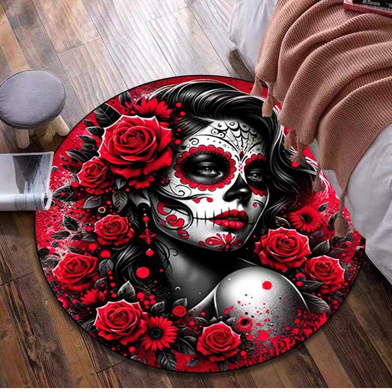 1Pc Day of the Dead Skull Circular Print Rug - Home Decoration Carpet For Living Room Bedroom Flooring Computer Chair Area Rug