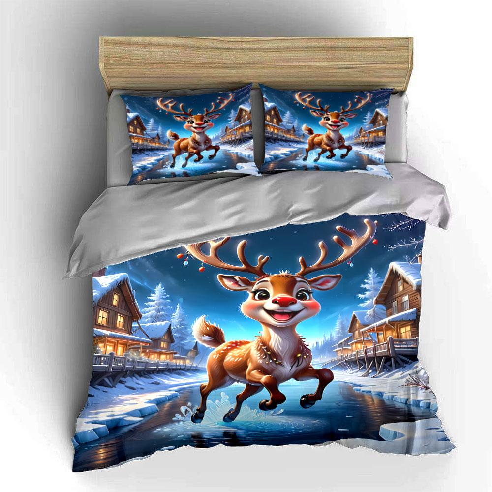 Cute Winter Reindeer Cabin Printed Bedding Set Kid'S And Adults' Bedroom Decor, Exquisite Three-Piece Bedding Set Gift