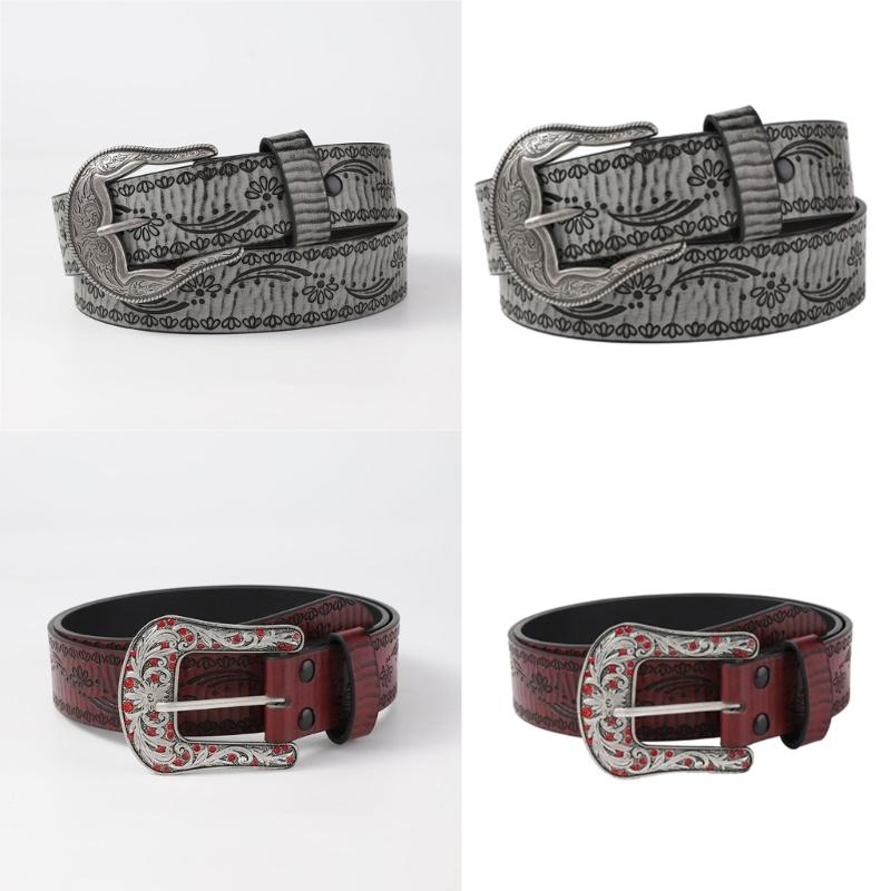 Shimmering PU Waist Belt with Carved Floral Buckle for Girls Jeans Skirt Decor
