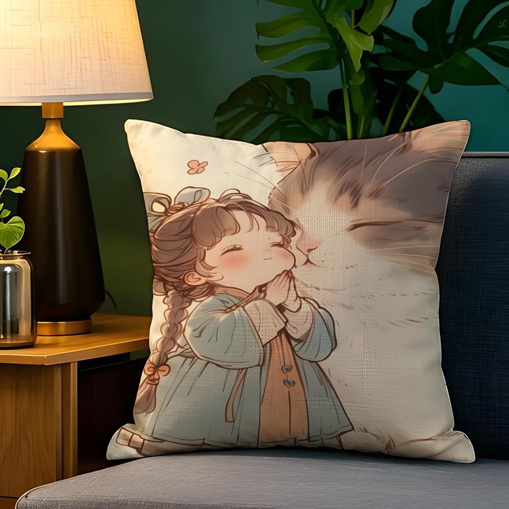 Beautiful And Lovely Girl Little Family 2 Pillow Case Natural Linen Pillow Case Double-Sided Decor Sofa Pillowcase Home Decor