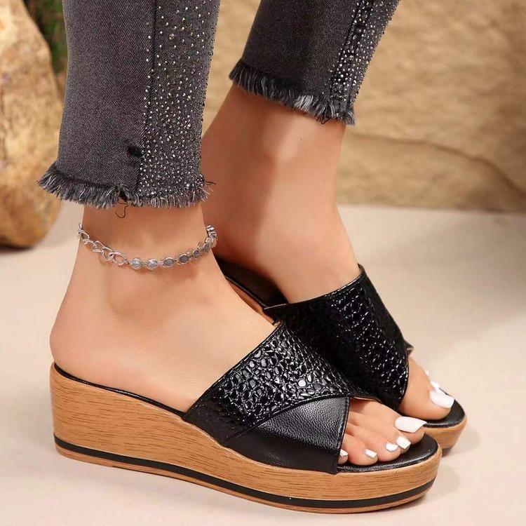 One-word mop slope heel high heel comfortable thick bottom non-slip women s slippers simple soft leather breathable color matching sandals 36 2638₽