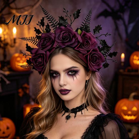 Mysterious Black Flower Hair Accessories Halloween Rose Headband, Leaf Crown Hoops Bands, Unique Gothic Hairband for Gift Headpiece Cosplay