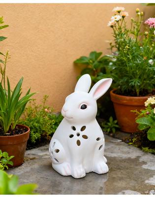 Easter Solar Lighted Bunny with Hollow Details for Lawn Garden Decoration Weather Resistant Resin Rabbit Ornament White