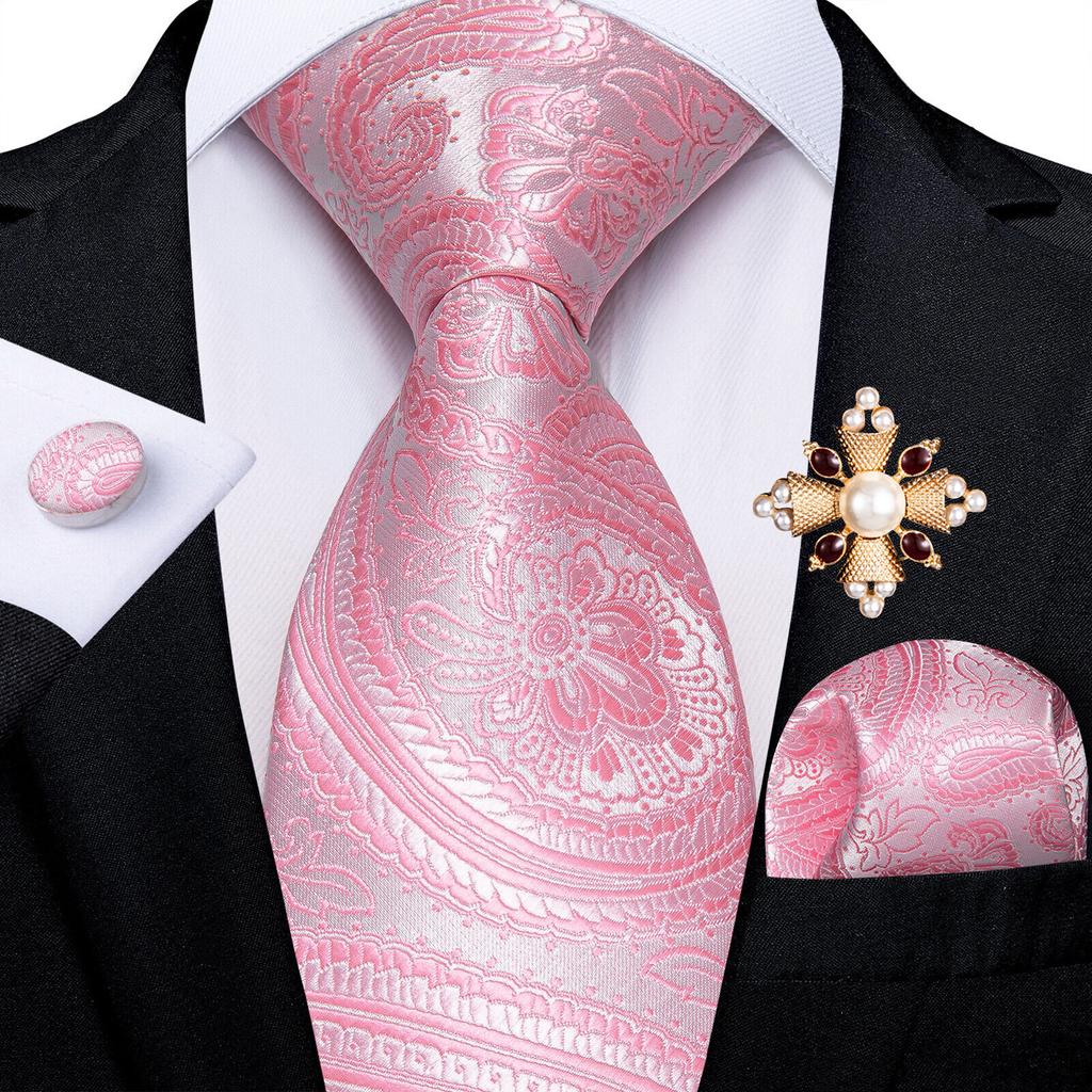 Pearl Brooch with Silk Tie for Men Vintage Floral Teal Necktie Hanky Cufflinks Gift Formal Set