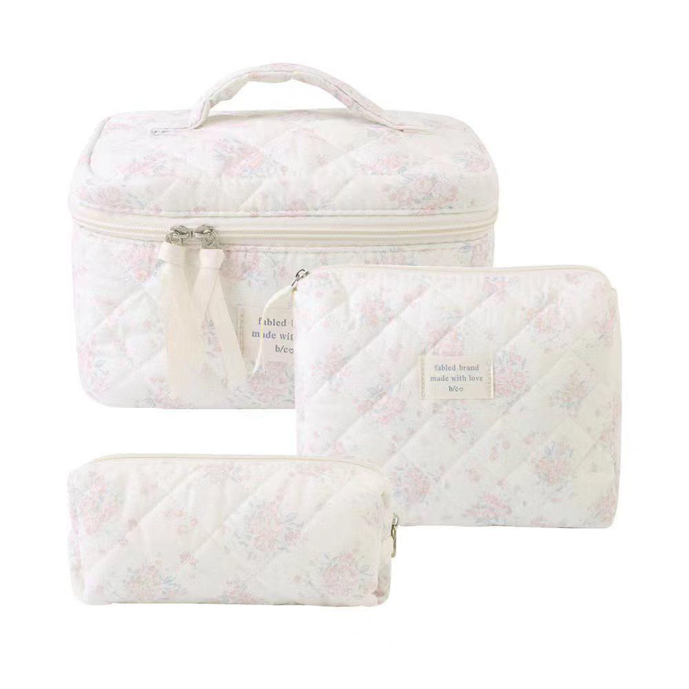 Large-Capacity Quilted Cotton Floral Makeup Bag - Portable and Cute for Travel or Student Use
