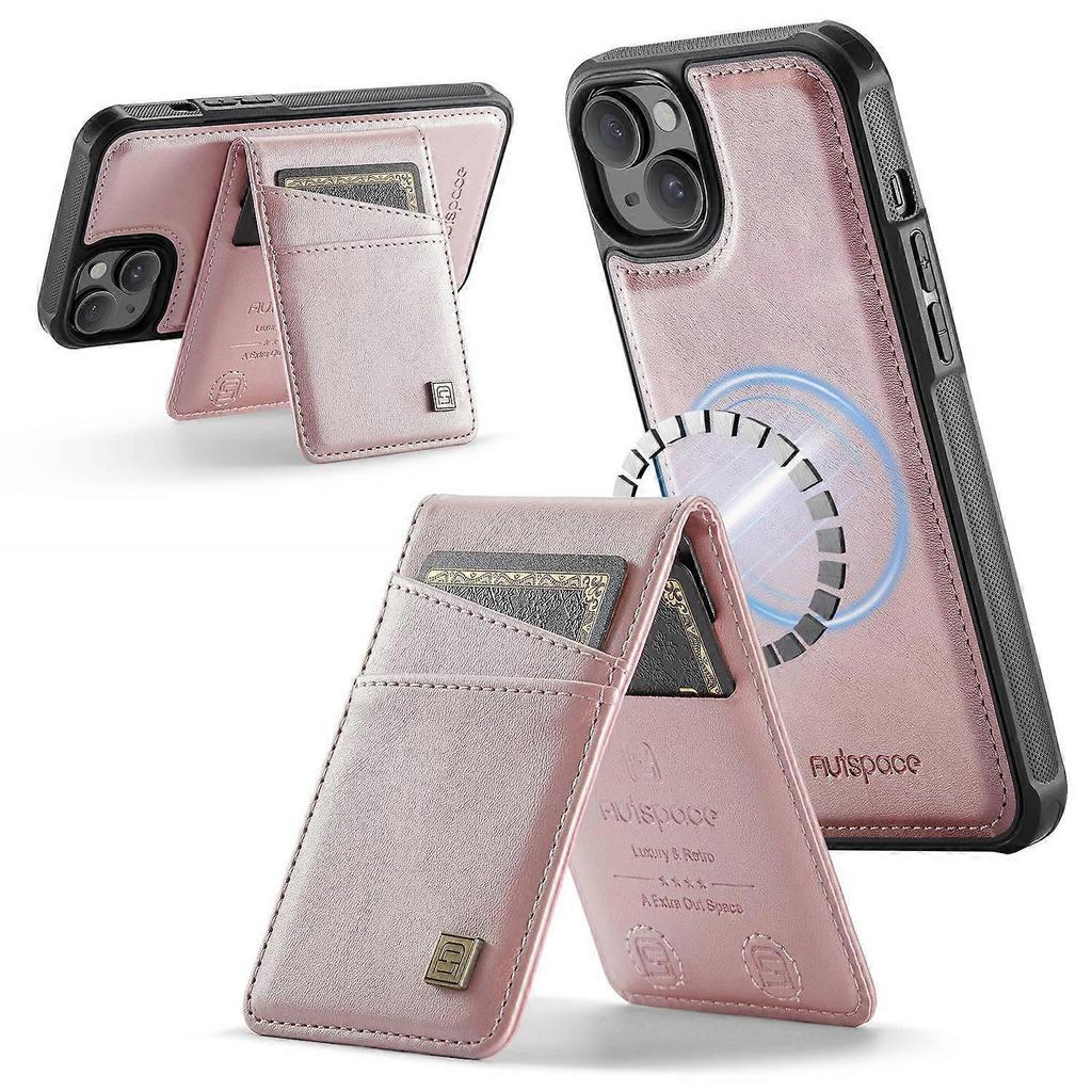 For iPhone 14 Case AUTSPACE A12 Leather Phone Case with Detachable Card Bag - Rose Gold