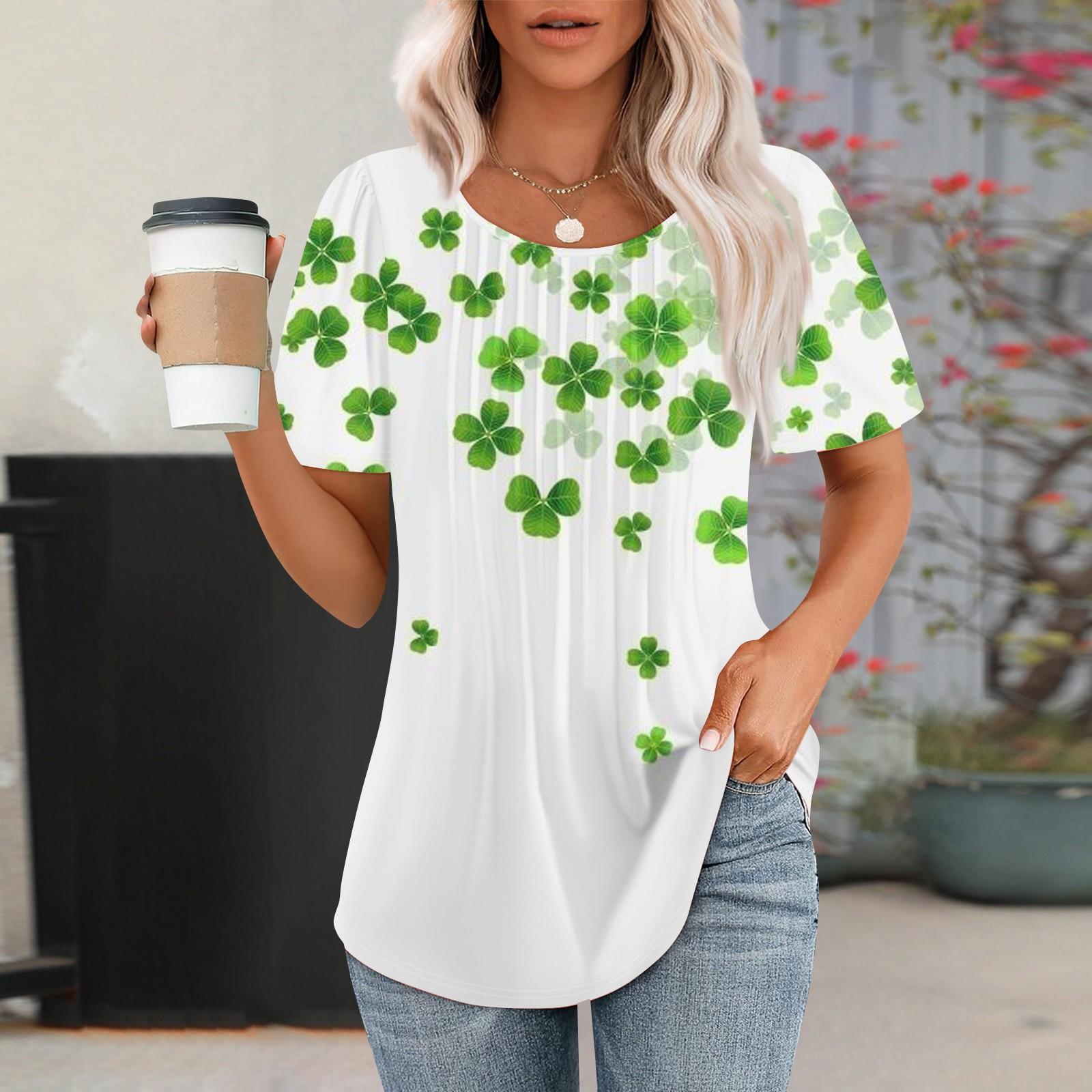 

Женская модная повседневная плиссированная круглая горловина St. Футболка с короткими рукавами и принтом ко Дню Святого Патрика S белый