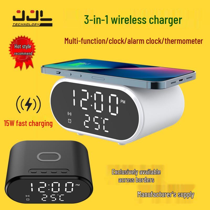 3-in-1 Wireless Charger: Desktop Clock & Thermometer for Android and Apple Devices