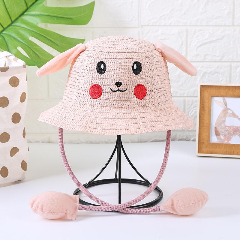 Children'S Straw Hat Summer Sun Protection Sun Hat Cute Pikachu Ears Can Move Rabbit Hat Outdoor Tourist Attractions