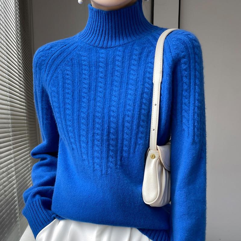 

Новый свитер с высоким воротом и длинными рукавами, женский осенне-зимний, в стиле ретро, ленивый, универсальный пуловер с узором «витая коса», базовый вязаный свитер One Size синий