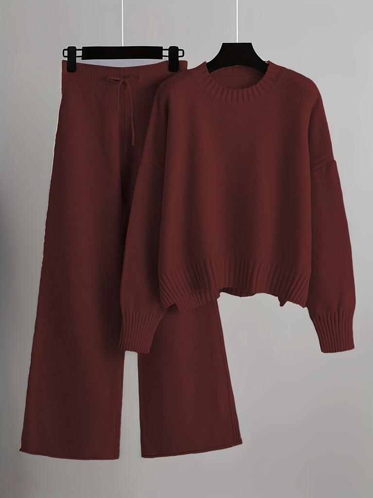 Women's Solid Color Knit Pant Set: Long Sleeve Crew Neck Sweater & Wide Leg Pants