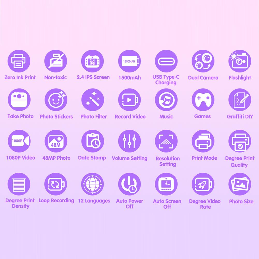 Kids Mini Instant Print Digital Camera with 48MP and 1080P Video for Fun Photography and Creative Coloring