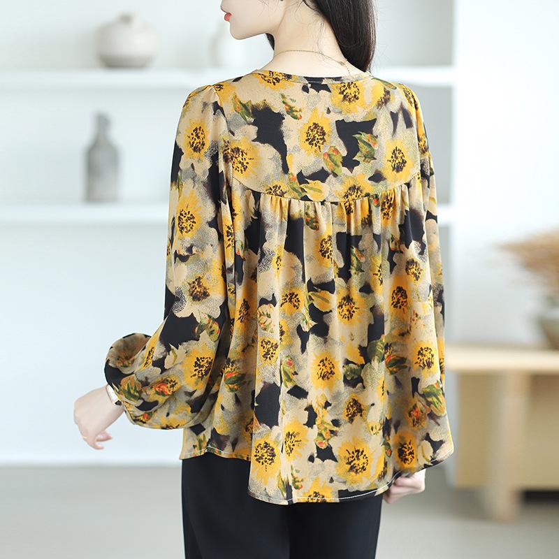 French Style Light Cooked Loose Comfortable Round Neck Bubble Sleeve Sweet Floral Shirt