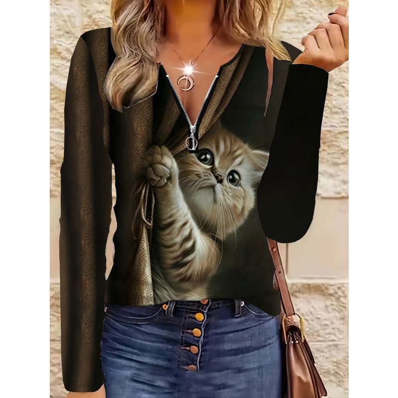 Women's creative printed zipper long-sleeved T-shirt, breathable, soft and comfortable, suitable for all-year-round casual wear