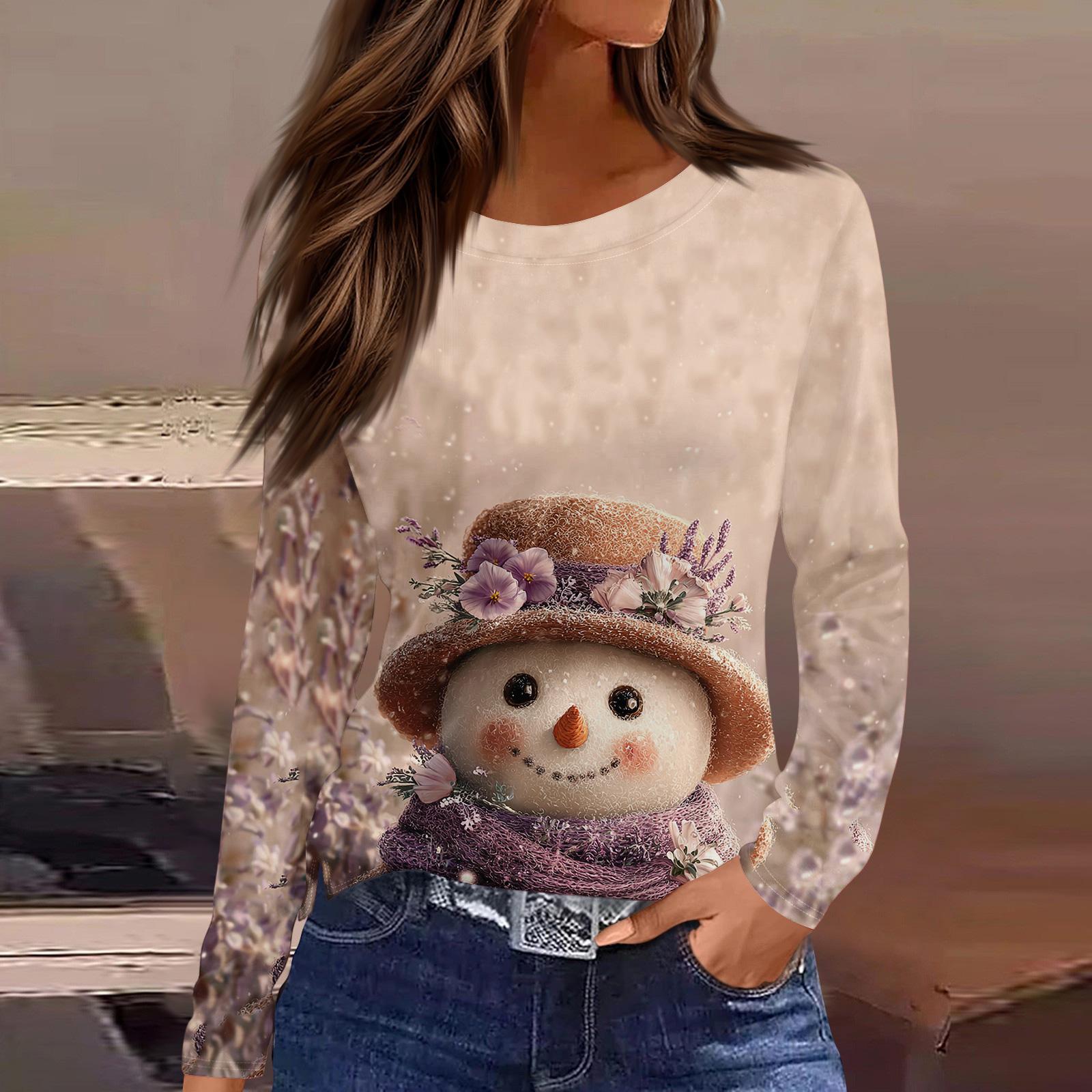 

Women s Fashion Casual Slit Hem Round Neck Long Sleeve Loose Printed T-Shirt Ladies Top Christmas XL жёлтый