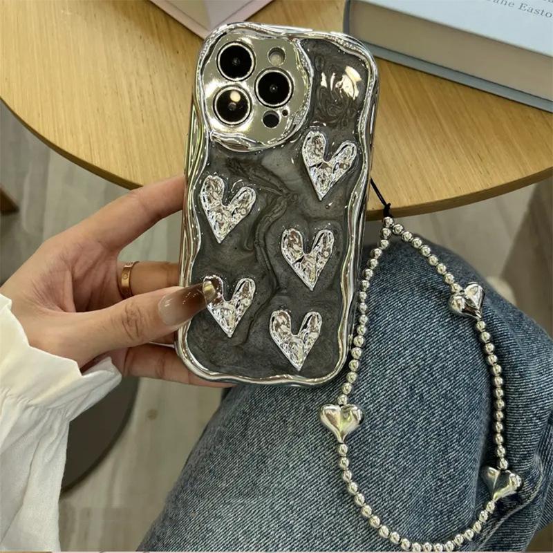 Electroplated Pleated Love Mobile Phone Case for Apple 17 Promax Portable Rope for IPhone 16 Epoxy Silicone Anti-fall