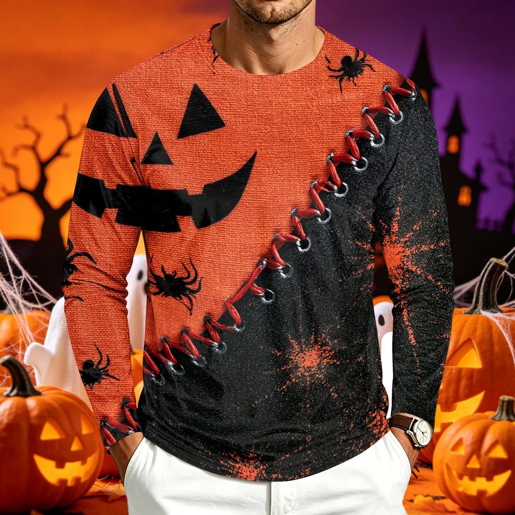 Men's Casual Long Sleeve Halloween Printed T-Shirt for Everyday Wear