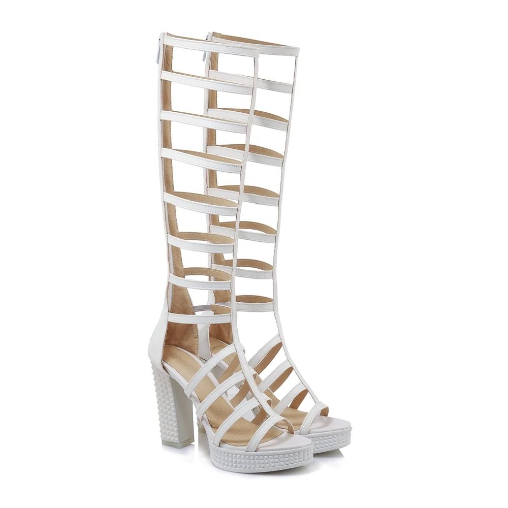 Fashion Summer Tall Boots Women's Knee High Chunky High Heels Shoes Back Zipper Roman Greek Gladiator Sandals