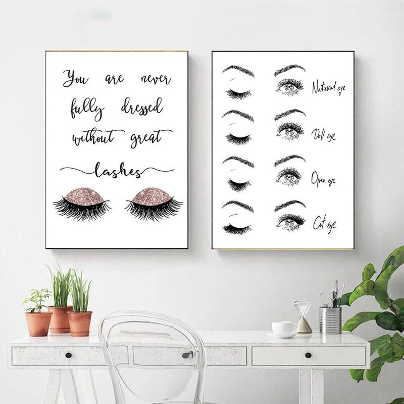Anleitung für Make-up-Techniker für Wimpernverlängerungen, Wandkunst, Leinwandmalerei, Wimpern, abstrakte Kunst, Bild für Schönheitssalon, Zimmerdekoration
