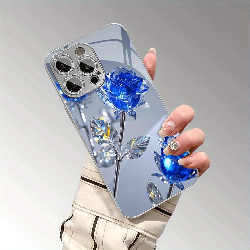 Stilvolle Kristallblau-Rosenmuster-Galvanisierte Handyhülle Für Samsung Galaxy S25 S24 S23 Ultra Plus FE Gehärtetes Glas Cover