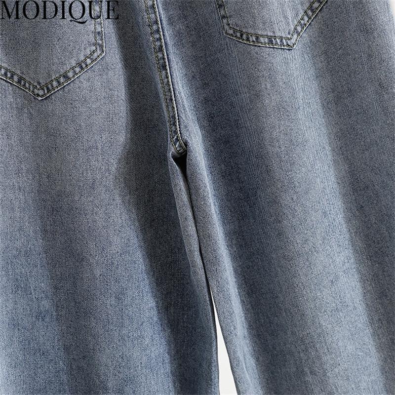 MODIQUE Sommer Übergröße Neu Damen Locker Vintage Gerade High Waist Rollkante Elastisch Lange Jeans Dame Lässig Vielseitig Weites Bein Hose