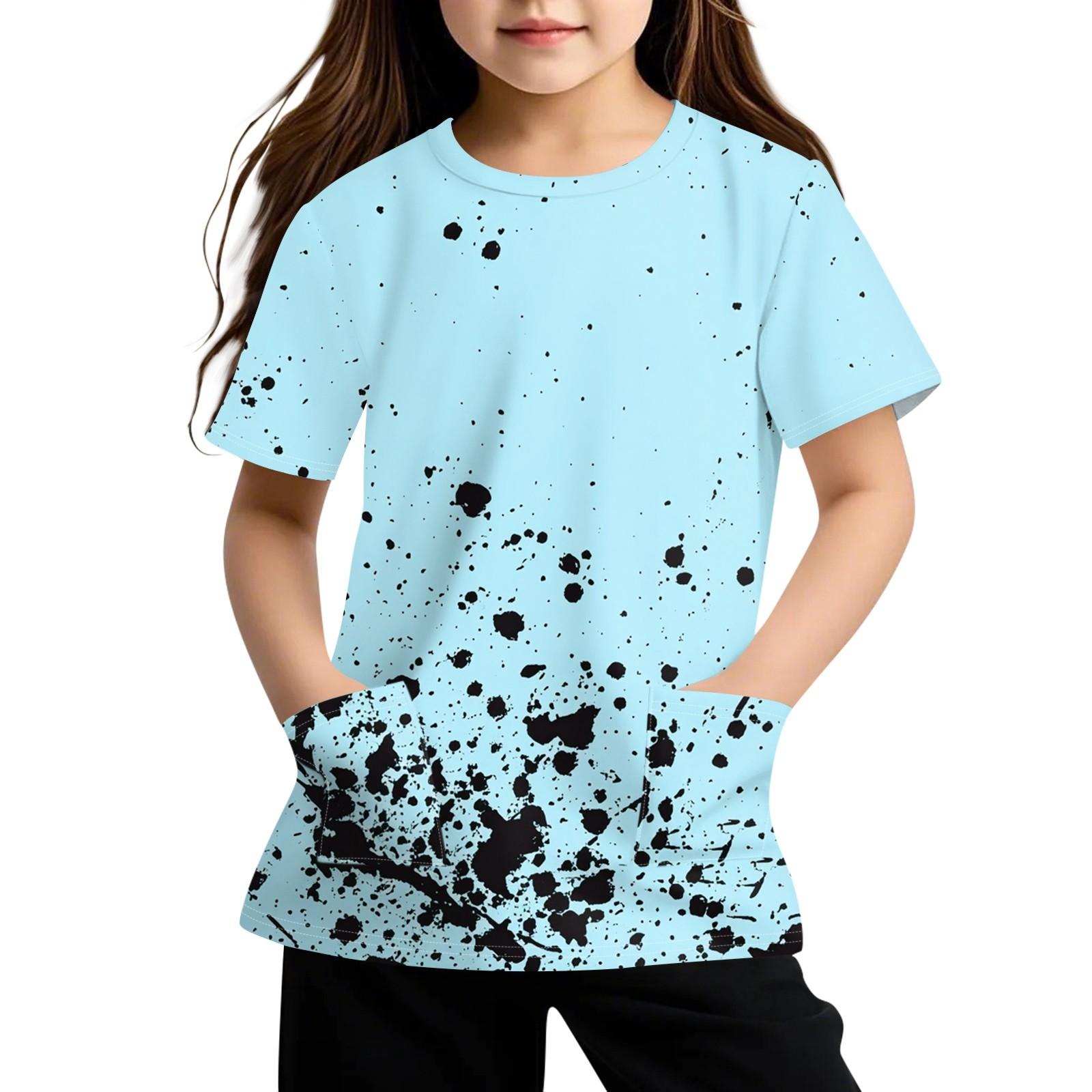 

Детская футболка с короткими рукавами и карманами, повседневная футболка с принтом, круглый вырез, блузка-пуловер 120