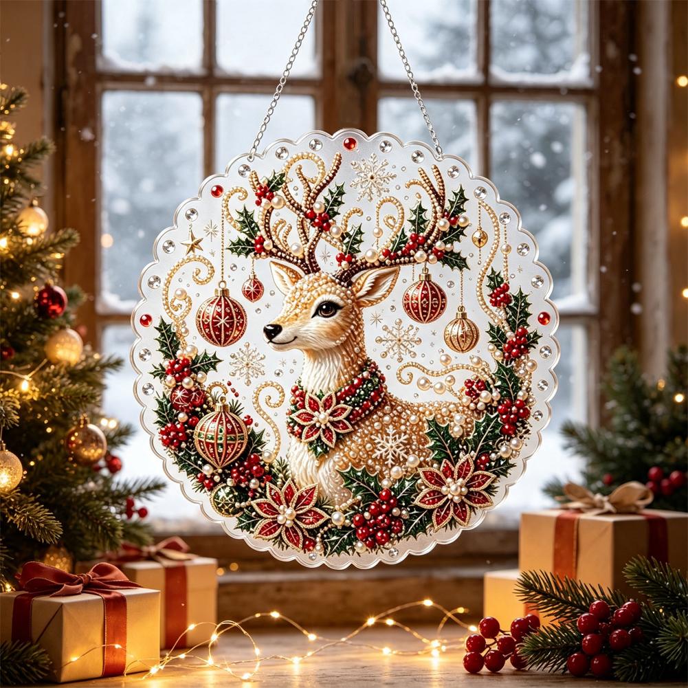 Christmas Pearl Diamond Painting Suncatcher Kit Diy Craft Metal Chain 3d Mixed-sized Pearl Beads Craft Festive Window Wall Decor