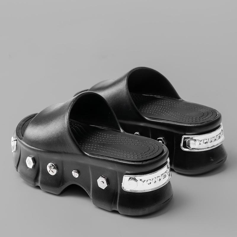 

Модні жіночі літні сліпони на товстій підошві, що збільшують зріст, з заклепками, прямого крою, у стилі панк, інтернет-вибух, круті сліпони, універсальний верхній одяг 38-39EU/CN39-40 чорний