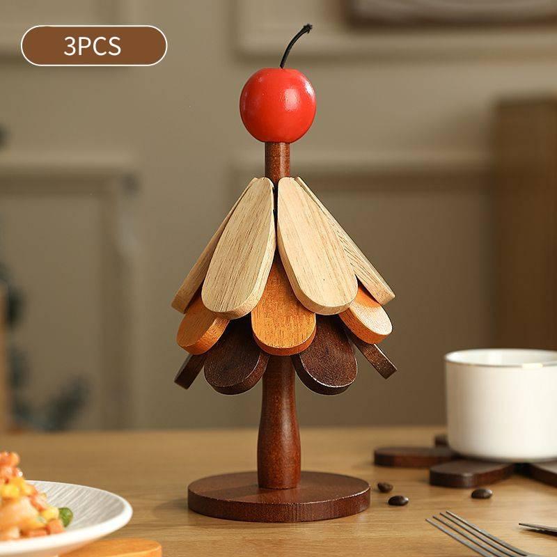 Foldable Christmas Tree Insulation Mat Set Wooden Kitchen Heat Resistant Pot Mat With Organizer Rack