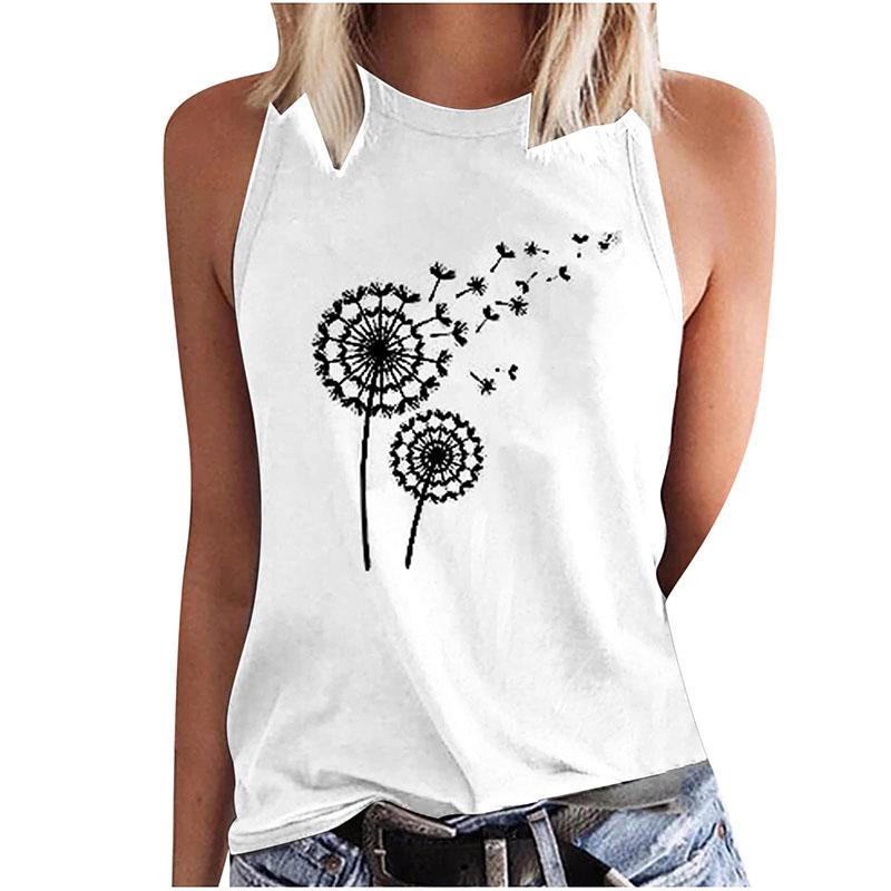 Women's Dragonfly and Dandelion Printed Sleeveless T-shirt, Y2K Street Clothing, Off Shoulder Tank Top, Sexy Sleeveless Girl's T-shirt