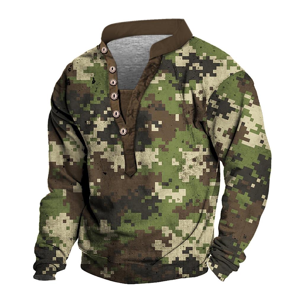 Pullover mit V-Ausschnitt für Herren, 3D-Digitaldruck, Stehkragen, 6 Knöpfe, Vintage-Kragen