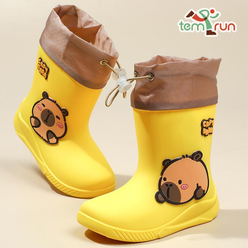 

Children s Rain Boots Cartoon Capybara Pattern Rubber Rain Shoes For Girls Boys Anti-Slip Elastic Band For Students 27 жёлтый