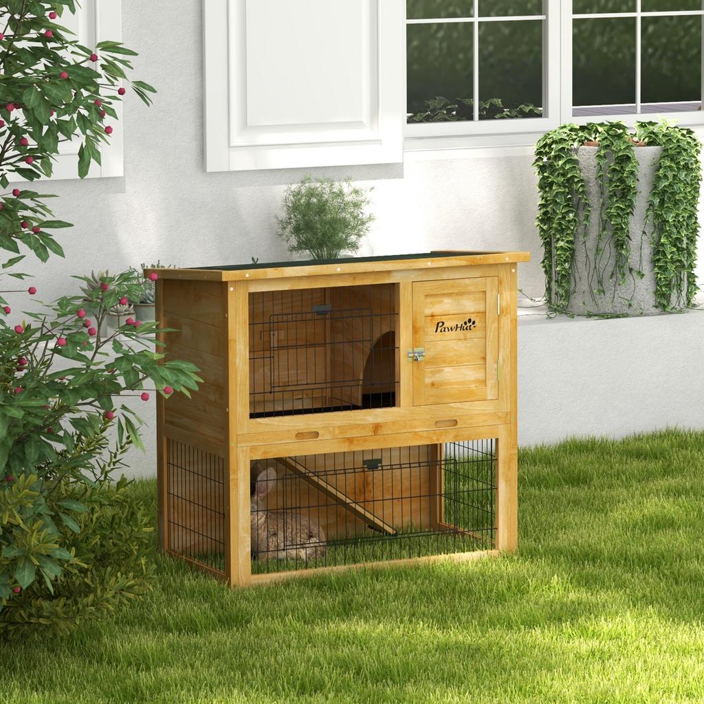 Houten Konijnenhok 2 Verdiepingen met 3 Deuren Uitschuifbare Lade Hellingbaan Asfalt Dak 85 x 50 x 80 cm Geel