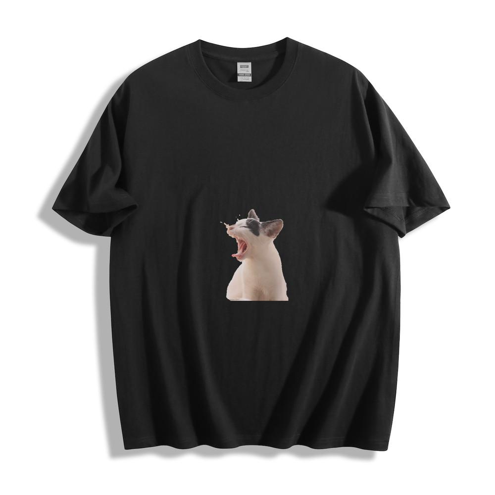 Yawning Black and White Cat Graphic T-Shirt