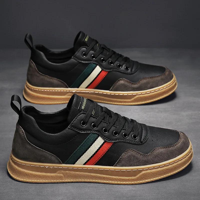 Brand New Men Genuine Leather Casual Shoes Spring Autumn High End Striped Flat Skate Shoes Young Man Cool Lace-up Sneakers